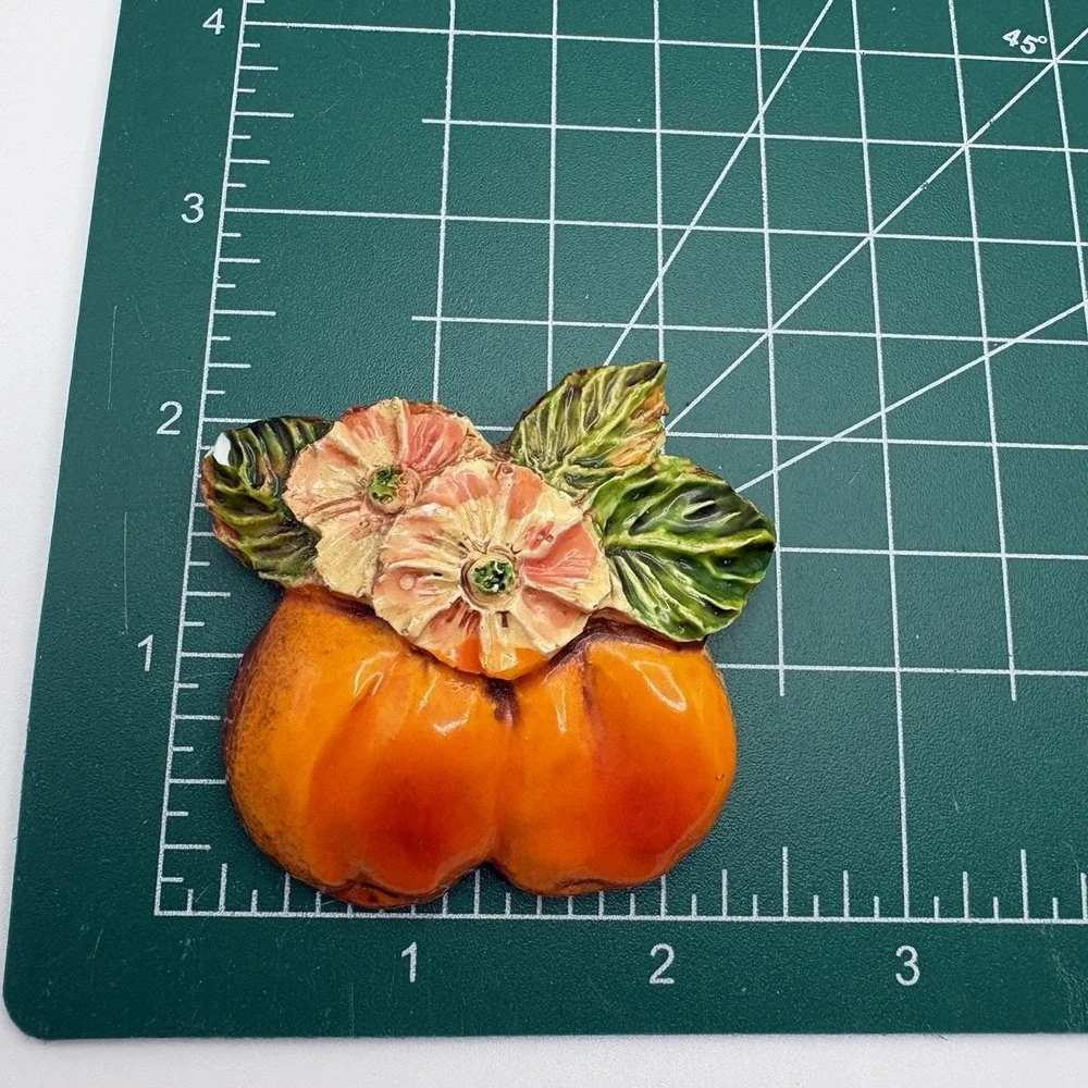 Vintage West Germany Brooch Peaches Fruit Hand Painted Orange Flowers READ